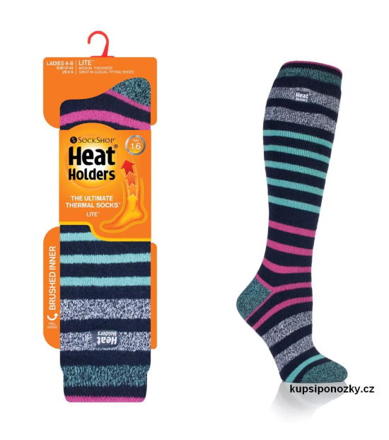 Dámské termo podkolenky Heat Holders Lite Medium - středně teplé, proužkované černá/růžová/tyrkysová