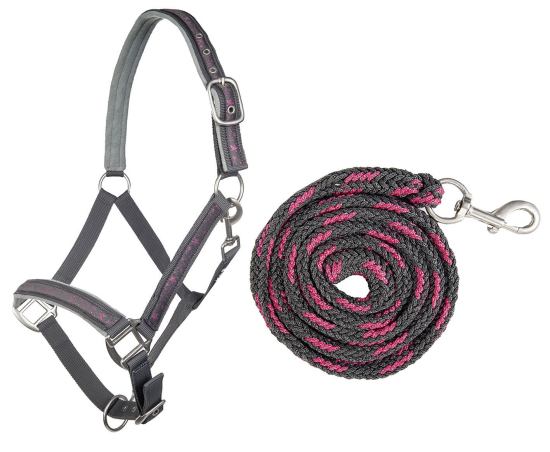 Stájová ohlávka+vodítko STAR HKM, šedá/růžová